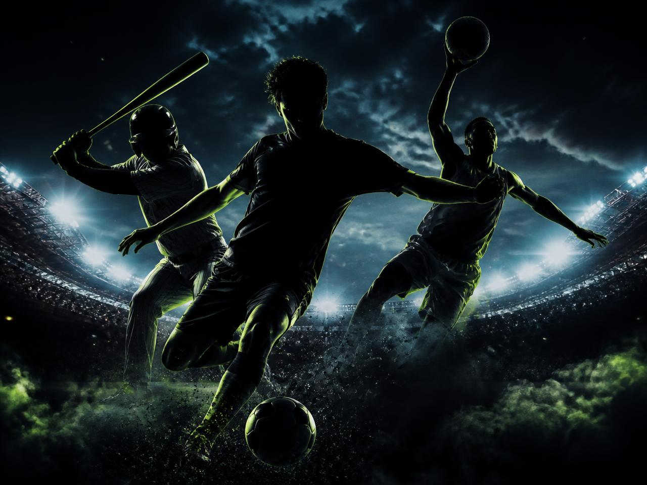 Atletas de fútbol, béisbol y baloncesto en un estadio iluminado